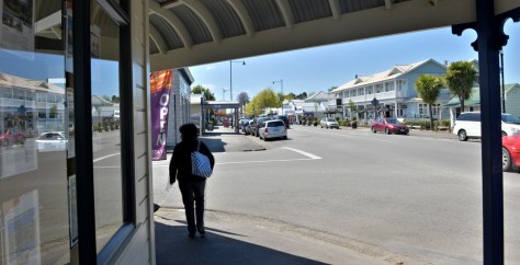Fiona crossing towards the old Greytown Hotel