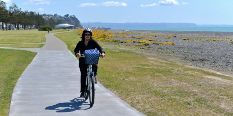 Fiona riding back to the van from Napier shops