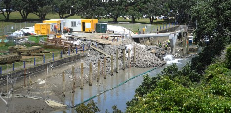 Looking down from Beach road towards the Cruising club. The poles for the safety pontoon.