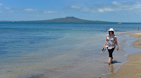 Fiona cooling off with Rangitoto behind