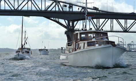 Trinidad under way with the Bridge and City behind